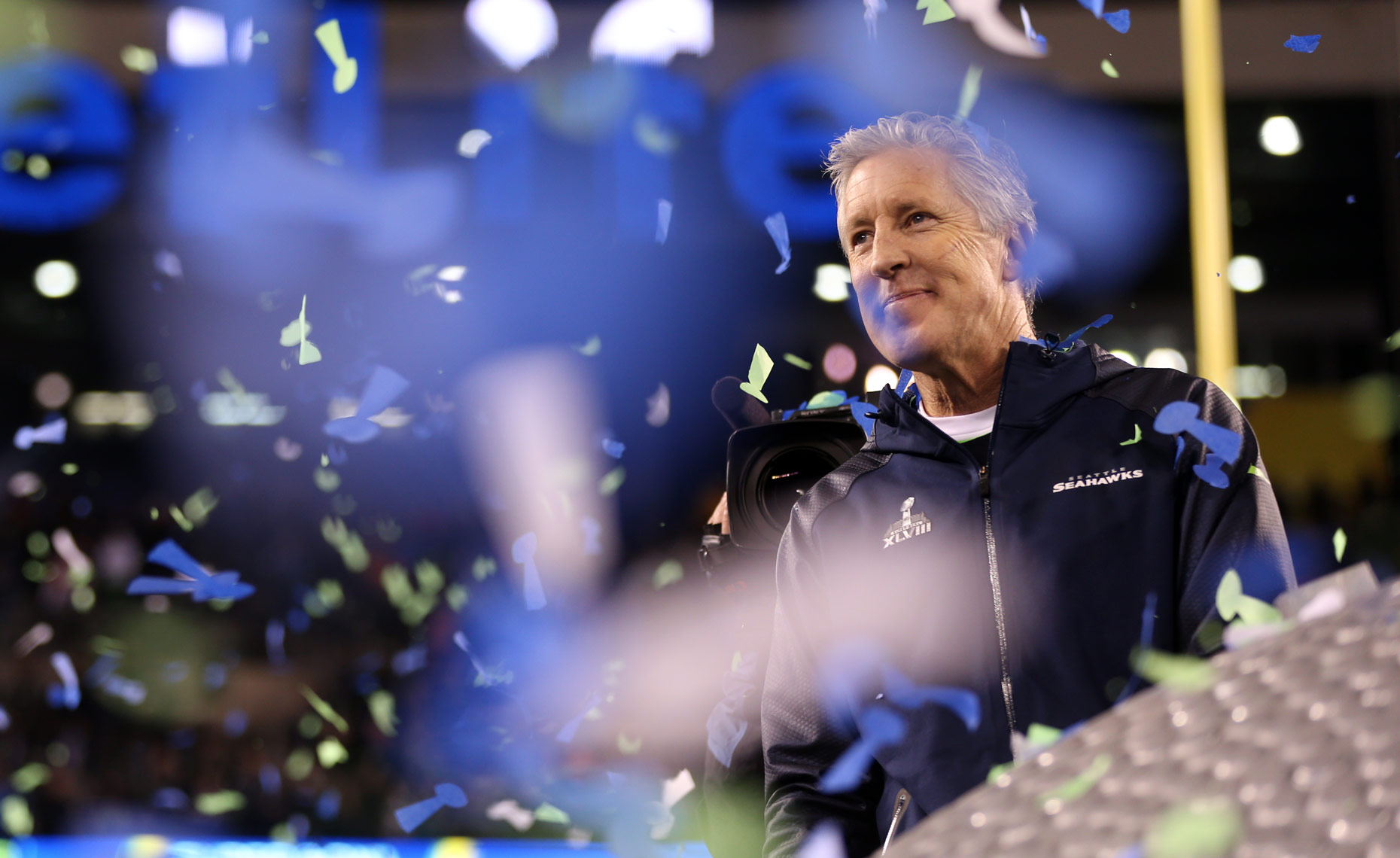  Pete Carroll celebrates after the NFL Super Bowl XLVIII